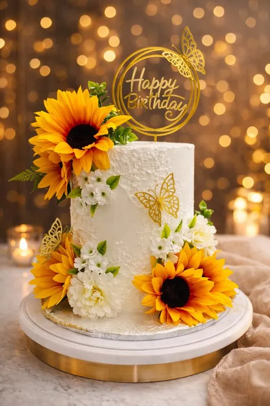 Sunflower birthday cake with butterflies